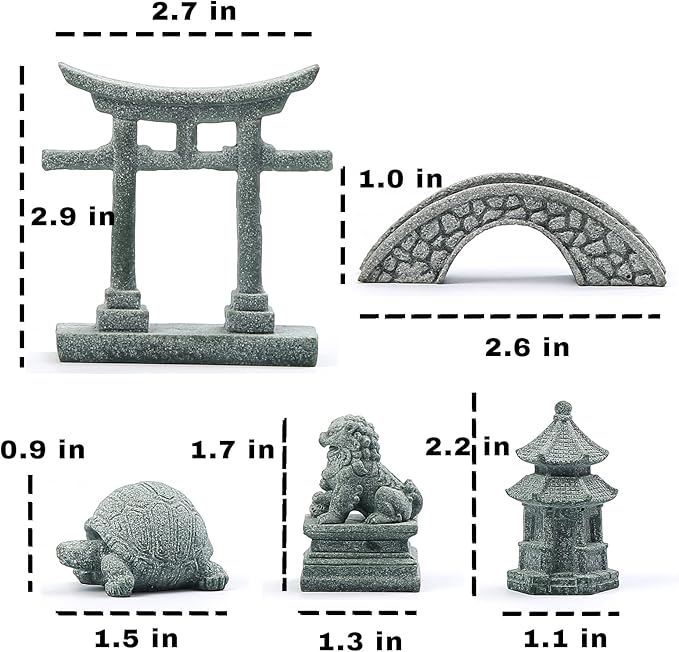 Sdeetesamjun 6 PCS Mini Zen Garden Accessories, Miniature Garden Bridge Foo Dogs Torii Gate Sandstone Figurines Meditation Zen Decor Japanese Fish Tank Terrarium Bonsai Decorations (Art Deco)