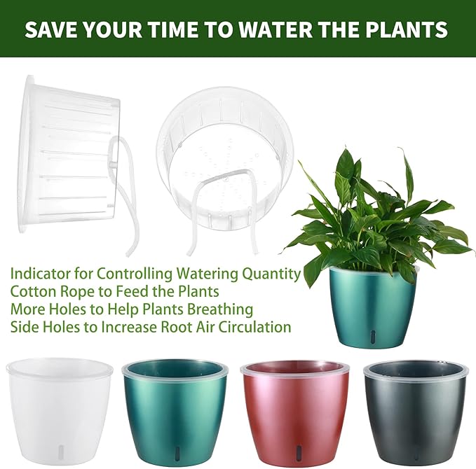 KvyusFlourish Self Watering Pots for Indoor Plants, 12-Pack 5'' Self Watering Planter with Drainage Holes, Small African Violet Pots with Water Indicator, Clear Wick Pot, White/Black/Blue/Rose Gold