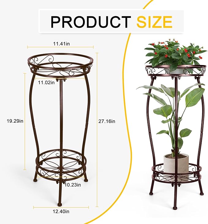 Gynyinly 2 Tier Rustproof Iron Plant Stand - Heavy Duty Outdoor Plant Stands For Patio, Balcony Or Garden Or Planter Corner - Plant Stand Indoor (Bronze)