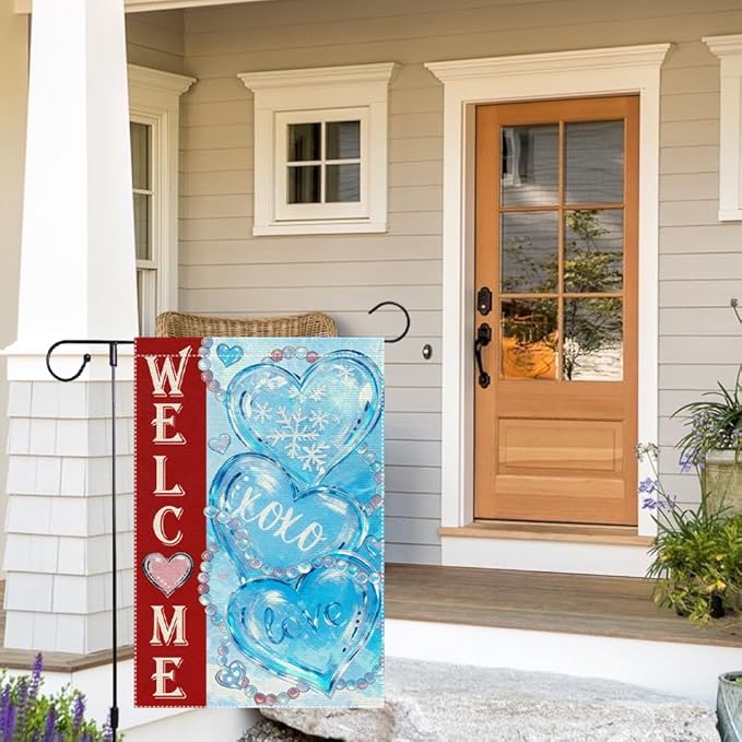 Welcome Winter Valentines Day Garden Flag 12x18 Inch Double-Sided Burlap with Snowflakes and Hearts for Home Decoration