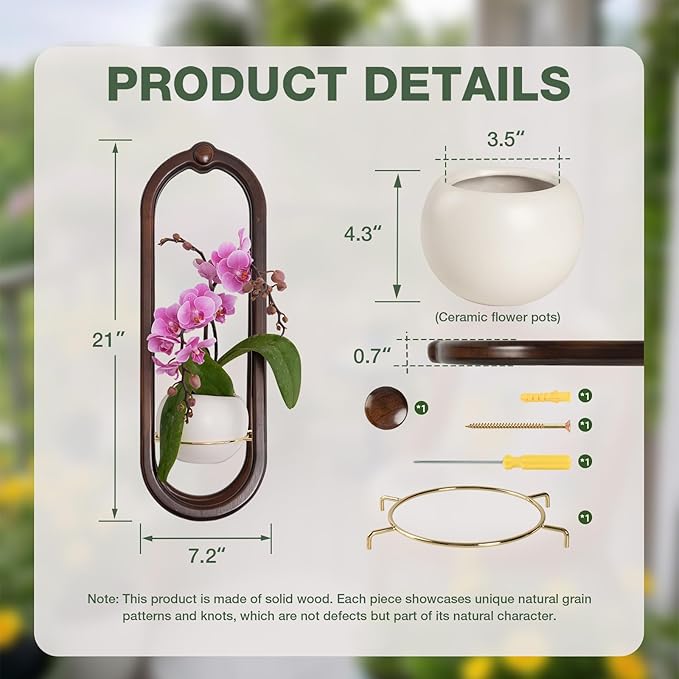 NEKL Wooden Wall Planters for Indoor - Modern Hanging Plant Stand Shelf with Ceramic Pot - Walnut Color (Set of 1)