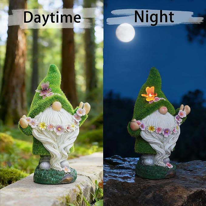 Cynkeyee Garden Gnomes Outdoor Decor Light - Funny Garden Decorations Solar LED for Yard Patio, Home Garden Statues Ornaments, Housewarming Gifts for Family Green 5.5x3.5x8.5 Inch