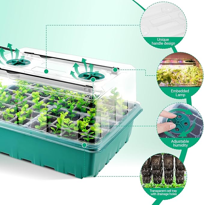 96 Cells Self-Watering Seed Starter Tray with Grow Light, Seed Starter Kit with Adjustable Humidity Dome, Seed Starting Trays Plant Starter Kit for Seeds Growing Starting, Indoor Gardening, Greenhouse