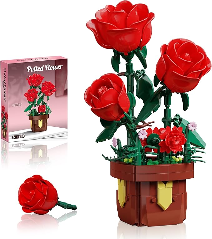 EITOLNR Roses Flowers Botanicals Building Sets,Artificial Plants Bonsai Building Blocks Toys for Adults,Indoor Home Office Decor,Easter Christmas Birthday Gift for Adults Women,Girls Age 8-12(307Pcs)