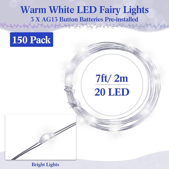 Tuanse 150 Pack LED Fairy Lights Colored Battery Operated String 3 Speed Modes 7 ft 20 LED Starry Wedding Decoration Waterproof Wire Twinkle Light for DIY Jar Bedroom Party Supplies (Cool White)