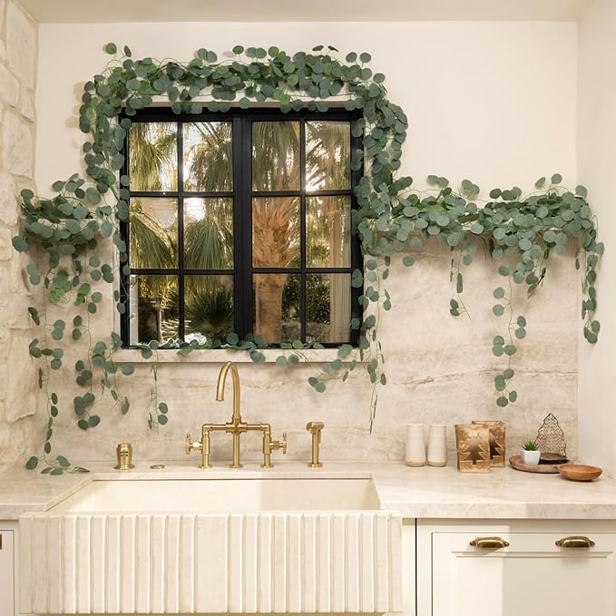 CQURE 48Pcs Eucalyptus Garland,Artificial Eucalyptus Leaves Table Greenery Garland Wreath Vines for Wedding Party Table Bedroom Wall Room Decor
