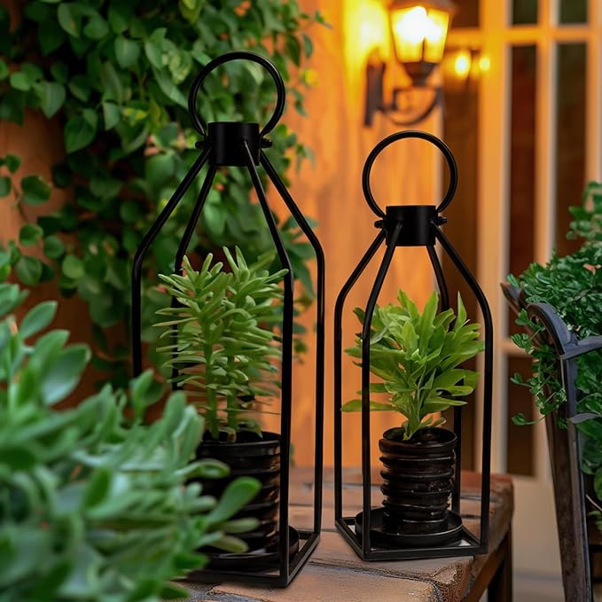Homemory Modern Farmhouse Lantern Decor with Waterproof Flameless Candle & Remote Timer, 2PCS Black Metal Candle Lantern Decorative for Outdoor Indoor Home Living Room Patio Porch Table