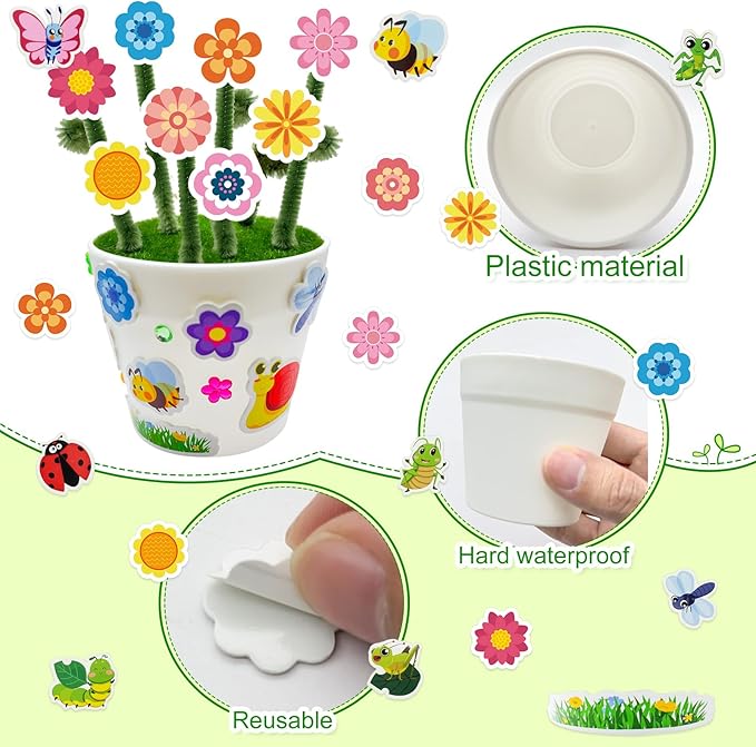 Cinrobiye 24 Set Garden Plastic Pot Craft Kit，DIY Flower Plant Crafts with Adhesive Foam Stickers, Pipe Cleaners, Flower Growing Kit for Spring & Summer, Home & School Creative Art Project Activities