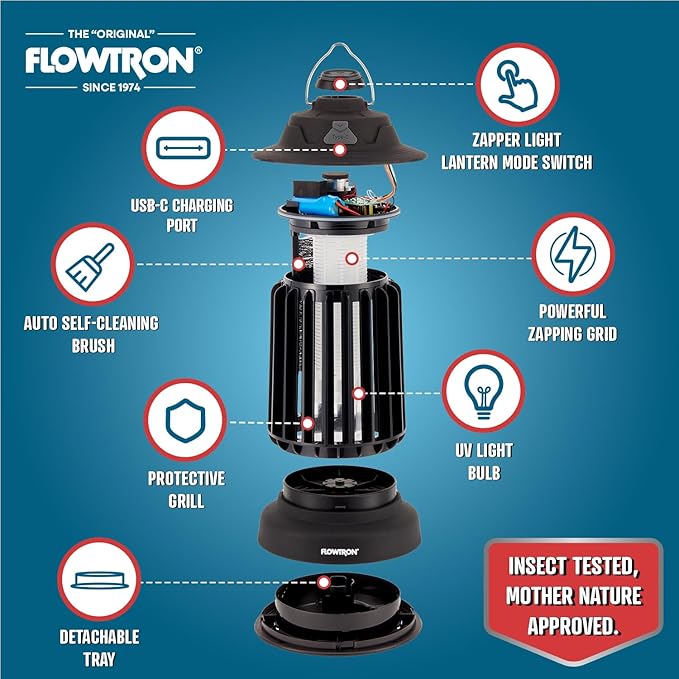 Flowtron Bug Zapper Lantern | 2-in-1 Electric Mosquito Killer & LED Camping Lantern, 2150 Sq Ft Coverage, 2000mAh Rechargeable Battery, Self-Cleaning Bug Zapper for Patio Outdoor & Indoor Use
