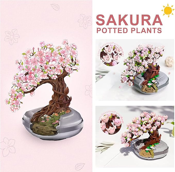 MEIEST Mini Building Blocks Sakura Plant Bonsai Model Set,Creative DIY Simulation Cherry Blossom Flower Botanical Collection Construction Building Bricks Toy for Kids Adult Home Decor