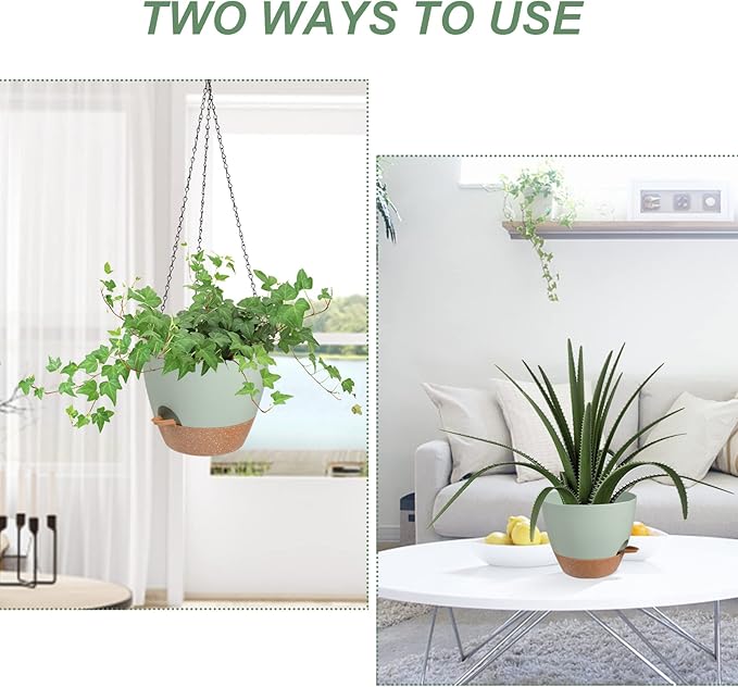 Vanslogreen Hanging Planters for Indoor Outdoor Plants, 2 Pack Self Watering Hanging Pot with Drainage Holes & Removable Tray (Green, 10'')