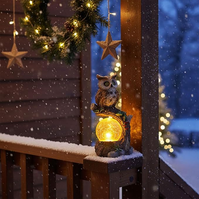 Solar Garden Outdoor Statues, Owl Garden Statue with Solar Glass Ball Light Lantern Outdoor Decor, for Lawn,Yard, Unique Housewarming Gift for Women Mother Mom
