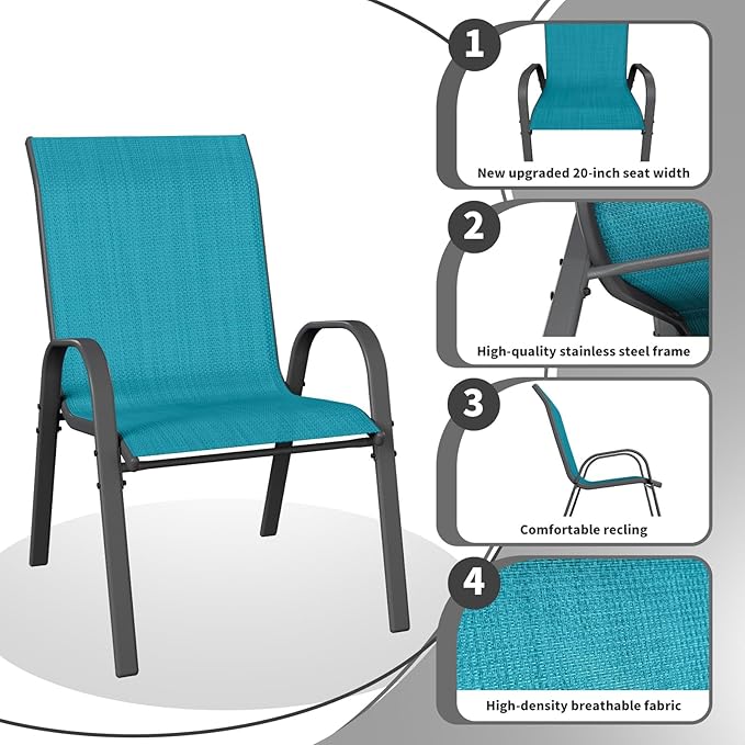 Patio Dining Chairs Set of 8, Stackable Dining Chairs High Back, Breathable Seat Fabric and Alloy Steel Frame Fit Backyard, Porch, Lawn，Poolside (Sky Blue)