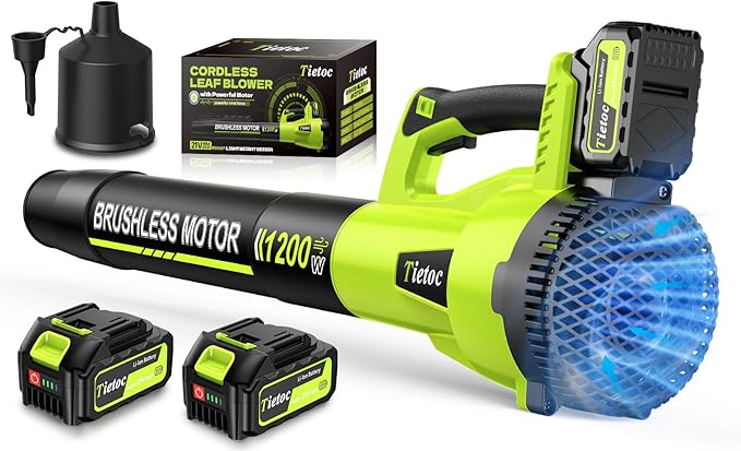 Tietoc Leaf Blower Cordless with 2×5.0Ah Battery and Fast Charger,1200W Handheld Blower for Lawn Care,6 Speed Powerful Electric Leaf Blower for Snow Removal,Patio,Dust,Car Blowing Water