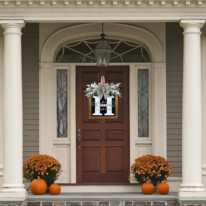 Ultra Large 14'' Last Name All Year Round Front Door Wreath with 26 Initial Letter Welcome Sign All Seasons Eucalyptus Garland and Bow Wreaths for Front Door Porch Farmhouse Decoration (H)