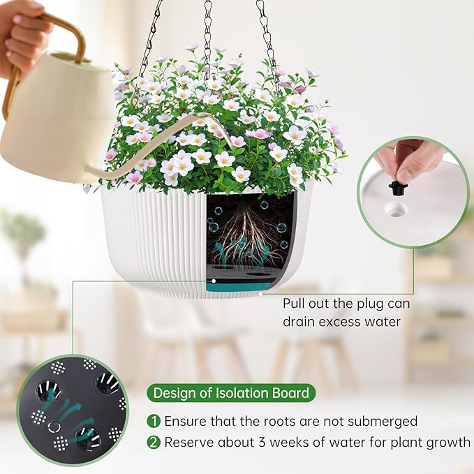 Kvetto Set of 2 White 11.2 Inch Hanging Planters for Indoor Outdoor Plants, Self Watering Hanging Flower Pots with Drainage Hole & Plug