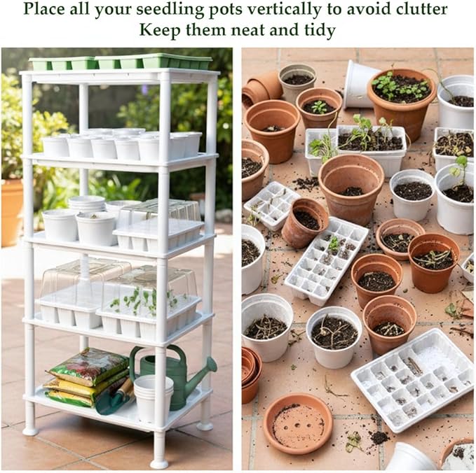 5-Tier Seed Starter Trays Plant Stand, with Bottom-Watering Design–Shelf for Indoor Outdoor Seedling Sprouting Greenhouse, Space-Saving for Small Cell Trays & Nursery Pots, White