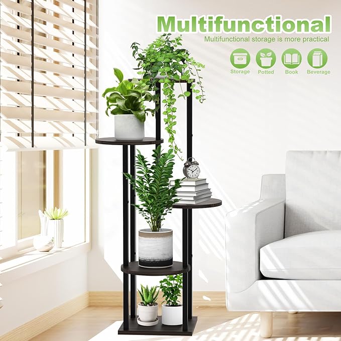 YOCOMEY 5 Tier Wood Tall Plant Stand Metal Rack Indoor, Multiple Flower Pot Holder Shelves Corner Rack, Round Planter Shelf Display Rack Storage Organizer for Patio Living Room Balcony(Black Oak)