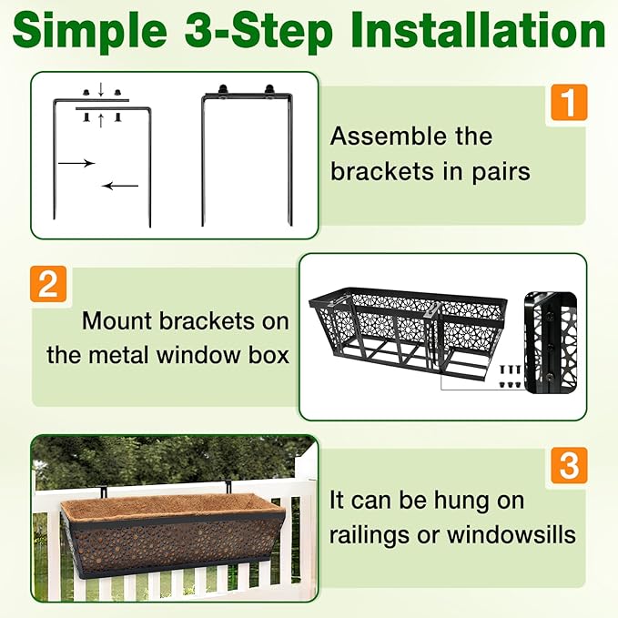 Halatool 2 Pack Window Box Brackets for Railing, Adjustable Heavy Duty Iron Window Flower Holder, Outdoor Sturdy Railing Planter Box Brackets for Fences, Balconies, and Gardens