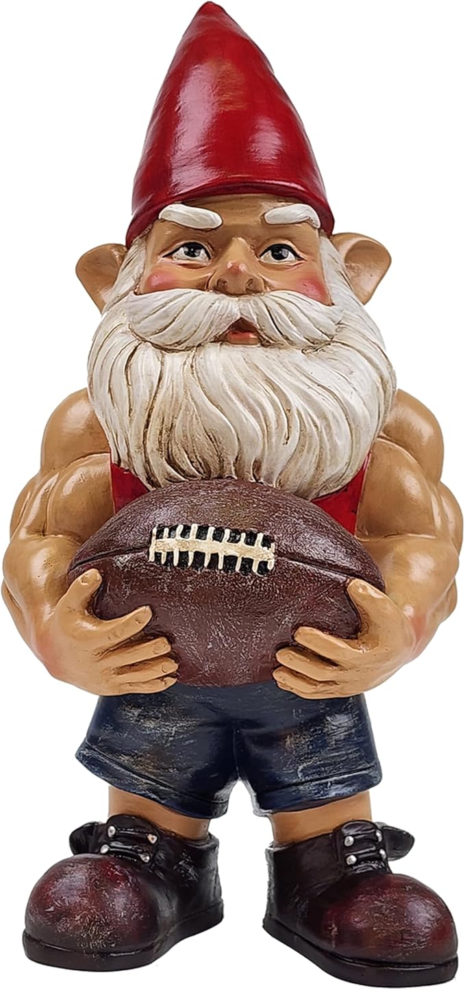 Better Office Products Garden Gnome Statue, 12" Height, Handcrafted Waterproof, UV-Resistant Polyresin Lawn Patio Porch Ornament Decoration (Muscled Football Player with Glowing Solar Light)