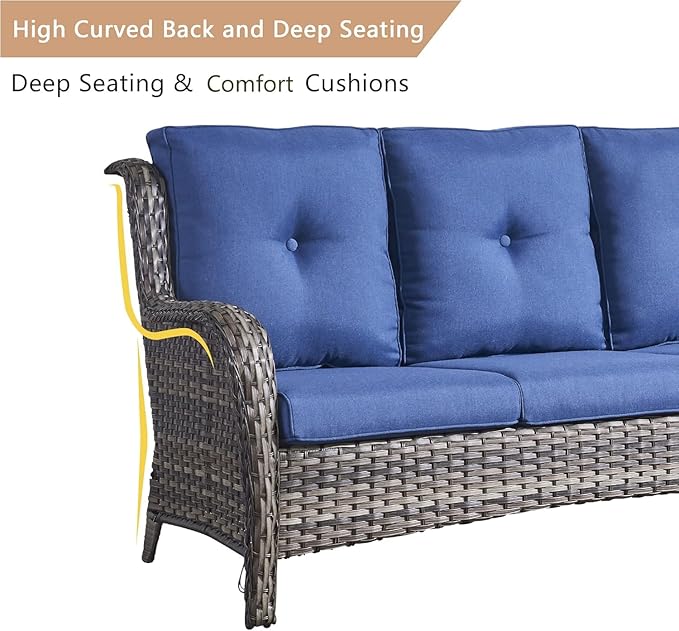 HUMMUH 6 Pieces Patio Furniture Set with Fire Pit Table High Back Outdoor Conversation Set Wicker Patio Couch Outdoor Chairs Ottomans for Balcony Garden,Lawn,Deck
