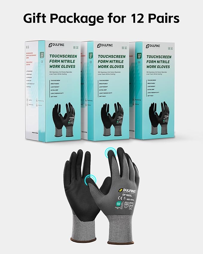 Safety Work Gloves MicroFoam Nitrile Coated-12 Pairs Pack,Blue Seamless Knit Nylon Glove with Black Micro-Foam Nitrile Grip,Ideal for General Purpose,Automotive,Home Improvement,Painting(Medium)