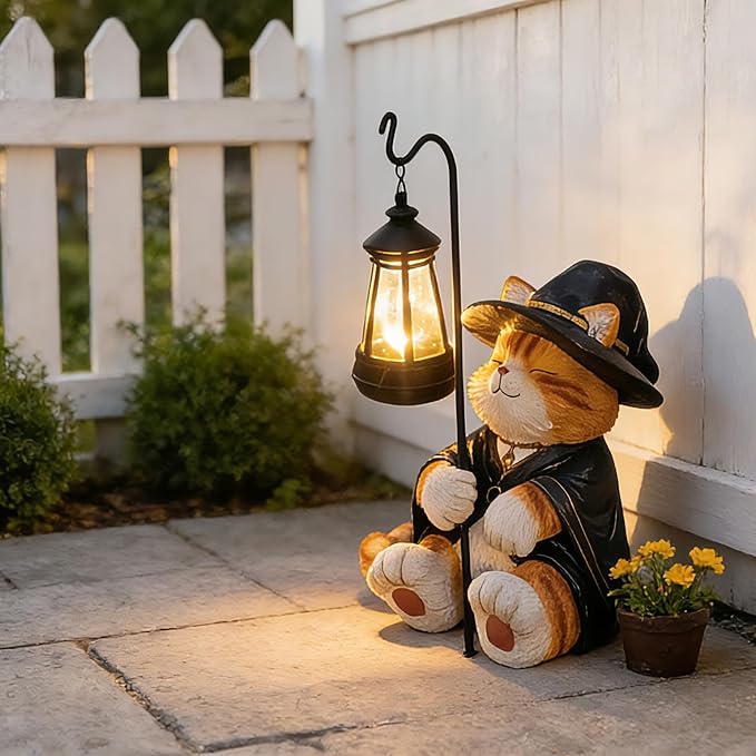 Decorative Solar Lights Garden Cat Statue Outdoor Figurine Light Themed Wizard Cat Lantern for Garden Decoration Outdoor Decor