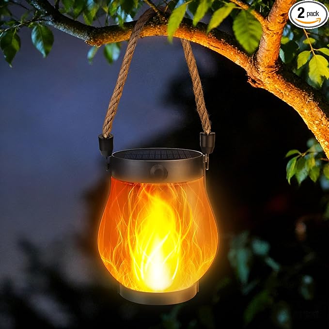 Solar Flame Lantern Hanging Outdoor Waterproof - 2 Pack Flame Lanterns with Dual Charging Modes of Solar & USB for Garden or Yard Decorations (Warm White - 1 Pack)