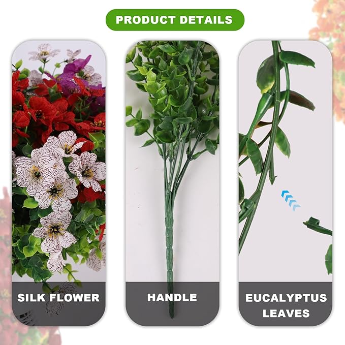 ADXORA 12 Bundles Artificial Flowers,Faux Plants for Spring Summer Decoration, UV Resistant Colorful Violets Eucalyptus for Outside Home Planter Porch Patio Yard Décor