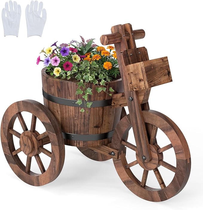 Giantex Wooden Wagon Planter with Wheels, Rustic Wood Plant Stand with Drainage Hole for Flowers Herbs Vegetables, Indoor Outdoor Decorative Garden Flower Cart for Patio Backyard Balcony (1)