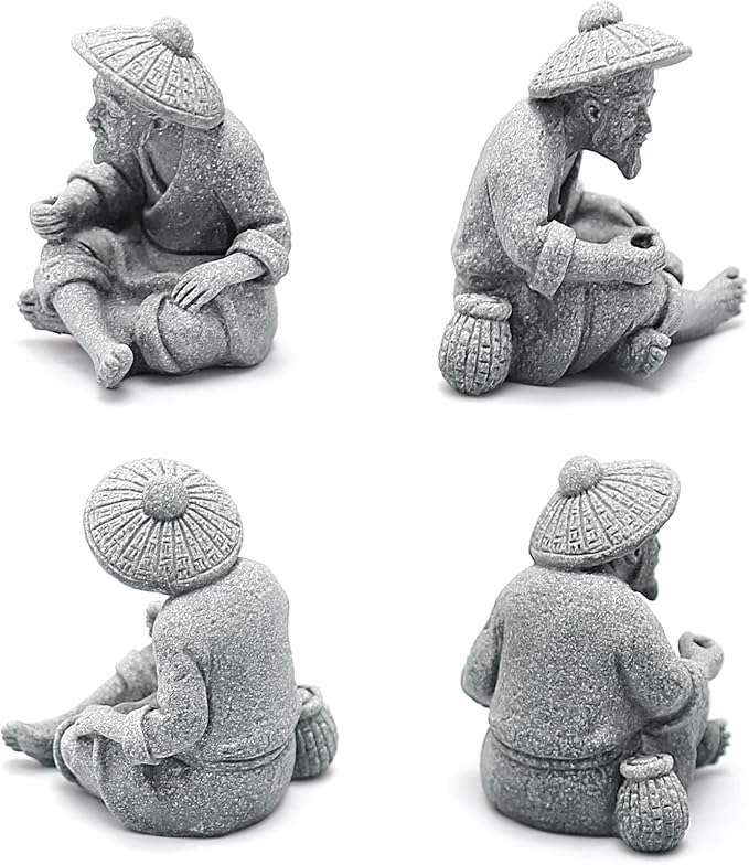 DUZFOREI 2PCS Mini Sitting Fishing Figurines Sandstone Vintage Ornament Japanese Decor for Fish Tank Pot Garden Home Aquarium Mini Fisherman Statue Asian Zen Decorations