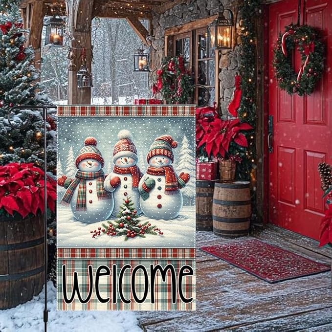 Welcome Snowman Garden Flag 12x18 Inch Double Sided Winter Christmas Burlap Yard Flag Holiday Outdoor Seasonal Decoration for House Lawn Porch Patio Home Decor