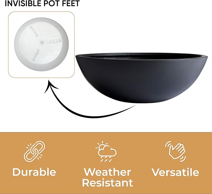 KUTE NEST 6.9"H x 19.7"D Round Bowl Fiberstone Planter for Succulent and Lotus with Drainage Hole, Smooth Finishes, Weather Resistant for Indoor, Included 2 Extra Coco Mats (Black, 17.9" Pot Opening)
