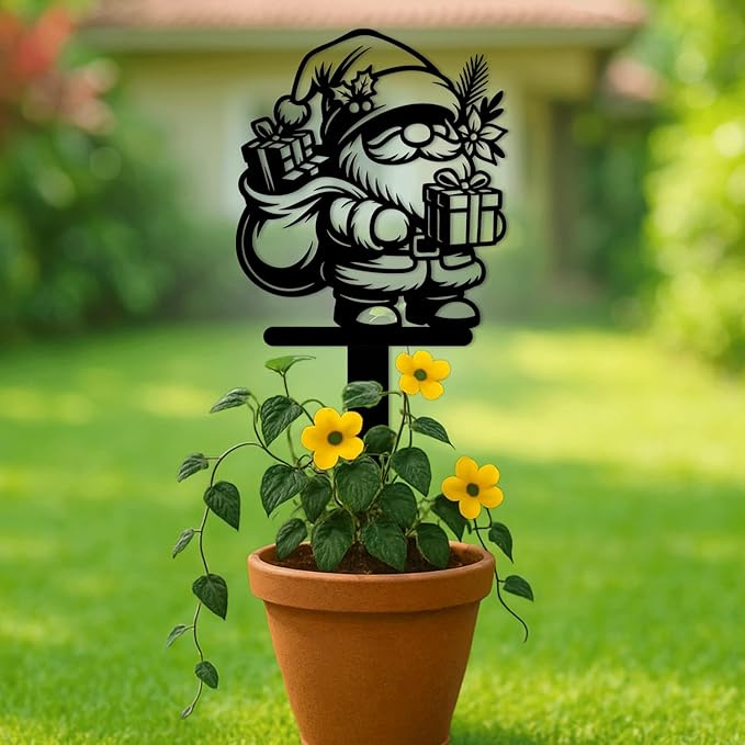 Magilab Personalized Iron Yard Stake - Christmas Cute Gnome Dwarves Decor, 8-Inch Black Metal Garden Sign for Outdoor (Style P)