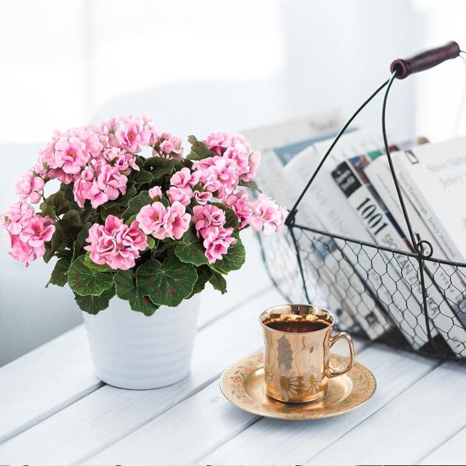 Uqueeten 4PCS Fake Flower Artificial Geranium,Artificial Flowers for Outdoors, Geraniums Artificial Flowers Realistic,Artificial Geraniums for Outdoors Fake Plant Decoration((Pink) 14.4"