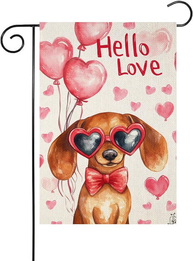 Valentine's Day Dachshund Hello Love Garden Flag, House Yard Plaid Love Heart Outside Decoration, Spring Holiday Wedding Anniversary Outdoor Small Decor 12x18(12645)