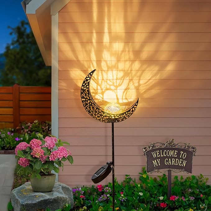 2Pack Moon Garden Solar Lights Outdoor Stakes Waterproof, Gifts for Mom, Crackle Glass Halloween Backyard Decor Balcony Lawn Ornaments, for Women Men Grandma (Bronze)