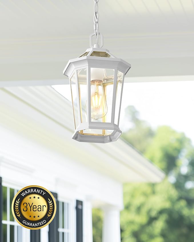 VIANIS White Outdoor Pendant Lights, Modern Hanging Outside Lights Lantern, Aluminum Porch Lights Outdoor Ceiling, Outside Chandelier for Porch with Clear Glass for House, Doorway
