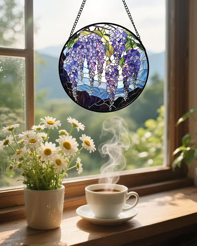 AMDERVEN Stained Glass Window Hanging, Wisteria Flower Sun Catcher for Door Home Decor Purple and Blue Suncatcher Christmas Mother's Day Birthday Gifts for Women Men Mom and Nana 11.8 in