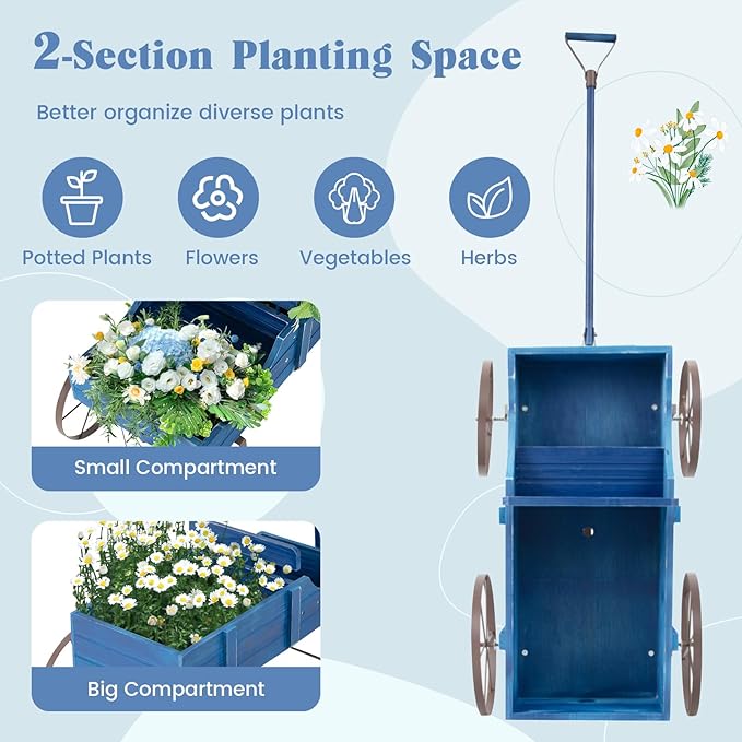 Giantex Decorative Garden Planter, Small Wagon Cart with Metal Wheels, Wood Raised Beds Plant Pot Stand for Backyard Garden Patio 24.5”Lx13.5”Wx24”H (Blue)