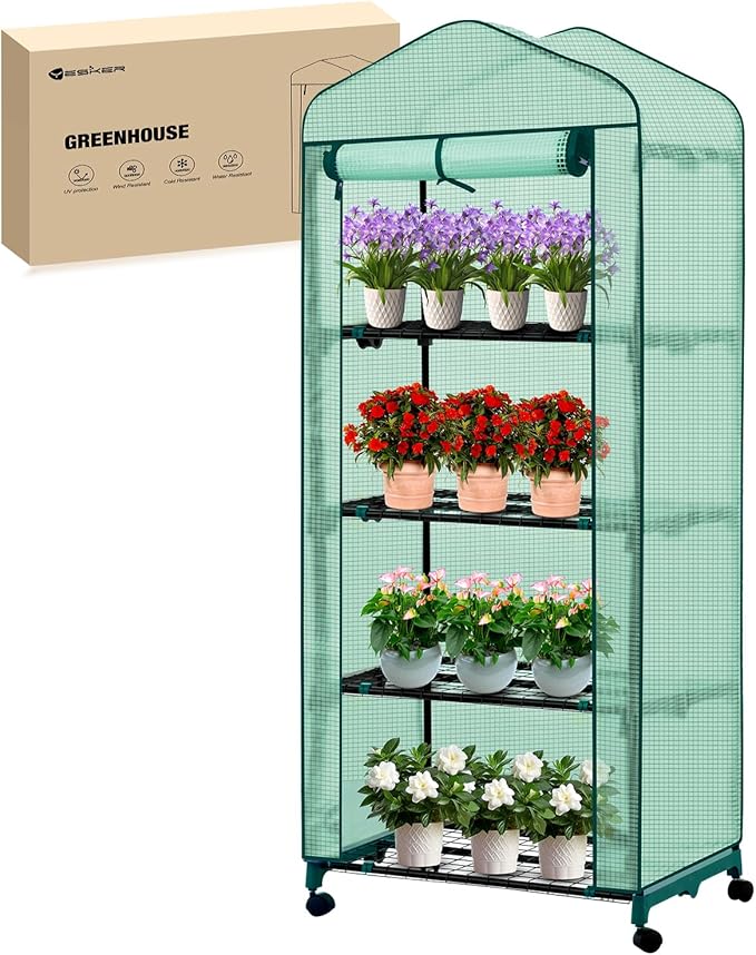 Yesker Mini Greenhouse 27"x20"x63" Portable Indoor / Outdoor Small Green House with 4 Tier 4 Shelves Wheels Thicken PE Cover Compact Greenhouses Kit for Winter Gardening Balcony Patio Backyard, Green