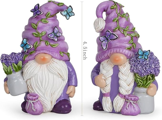 Hodao 2PCS Purple Lavender Butterfly Gnome Figurine Set for Yard, Lawn, Patio, Porch - Weatherproof Resin Garden Decoration - Outdoor Decor & Unique Gnome Gift for Women