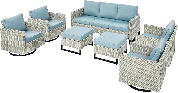 Rilyson Wicker Outdoor Patio Furniture Set - 7 Piece Patio Conversation Set with 4 Swivel Rocker Chairs,2 Rattan Ottoman and 1 Couch for Outside Porch Deck Backyard(Light Grey/Sky Blue)