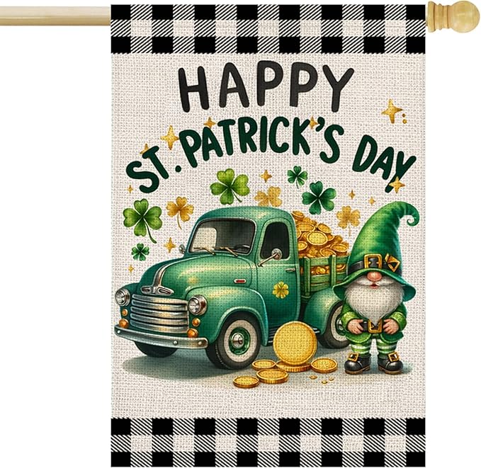 Happy St Patricks Day House Flag 28x40 Inch Double Sided Shamrocks Gnome Truck Buffalo Plaid Outside Large Holiday Flag for Yard Outdoor Decoration