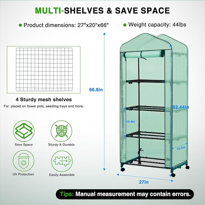 Yesker Mini Greenhouse 27"x20"x63" Portable Indoor / Outdoor Small Green House with 4 Tier 4 Shelves Wheels Thicken PE Cover Compact Greenhouses Kit for Winter Gardening Balcony Patio Backyard, Green