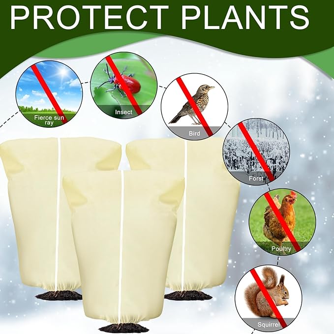 EYNDYN 4 Pcs Plant Covers Frost Protection Bag 71" x 47" Winter Reusable Plants Jacket with Drawstring Shrub Protection Wraps Bags Frost Blanket for Winter Outdoor Garden Plants
