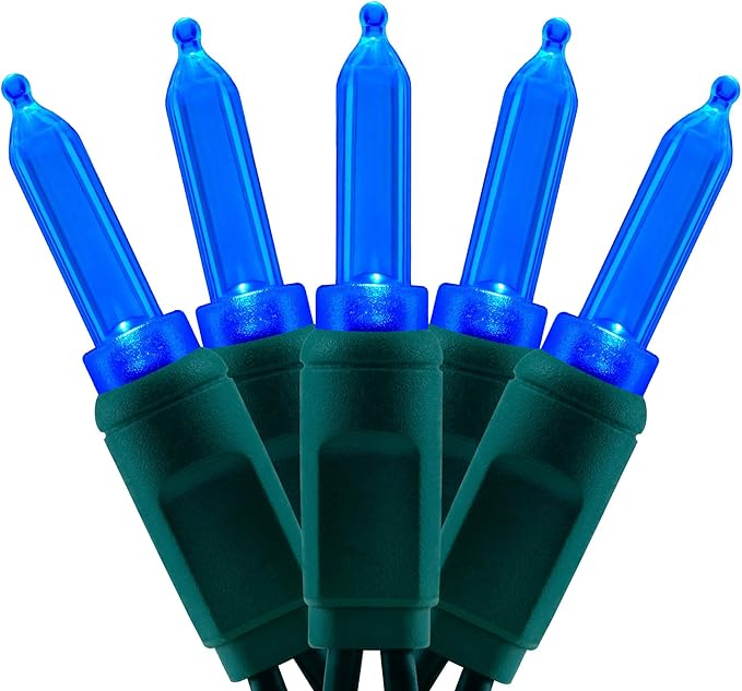 YULETIME 100 Blue One-Piece T5 LED Christmas Lights, 33 ft High Waterproof UL Certified Green Wire String Lights (Blue)