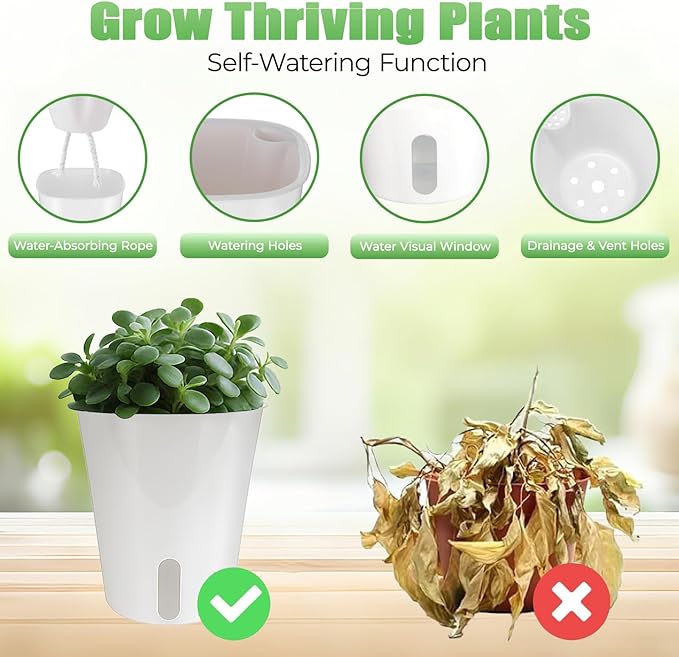 FYRIXONE 10 Pack 3 Inch Self Watering Pots for Indoor Plants - Plastic Planters with Water Level Indicator & Vent Holes - Self Watering Planters Pots for Succulents, Herbs