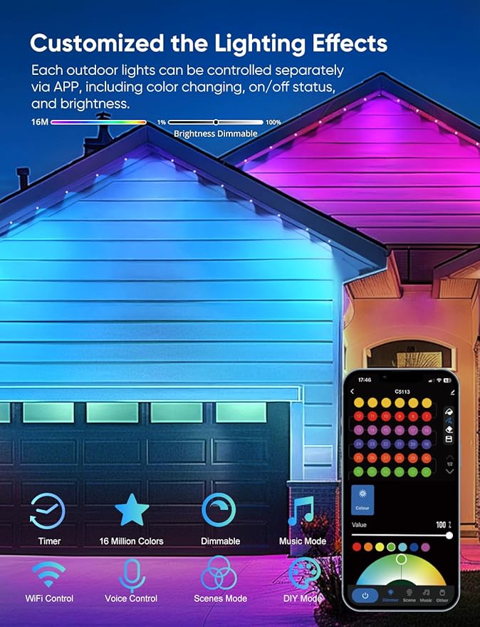 APPECK Permanent Outdoor Lights 100ft,RGBW Eaves Light with 72 LED Lights,111+ Scenes Modes Outdoor Lighting, Waterproof Permanent Light for Daily Holiday Decorations, Works with Alexa,Black