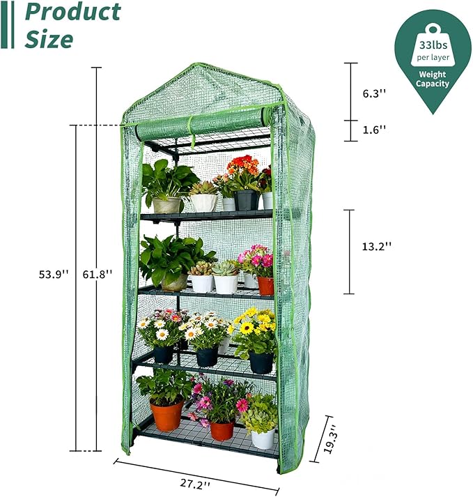 4 Tier Mini Indoor Greenhouse,27"x19"x62" Greenhouse for Indoors&greenhouses for Outdoors with PE Cover and Roll-Up Zipper Door